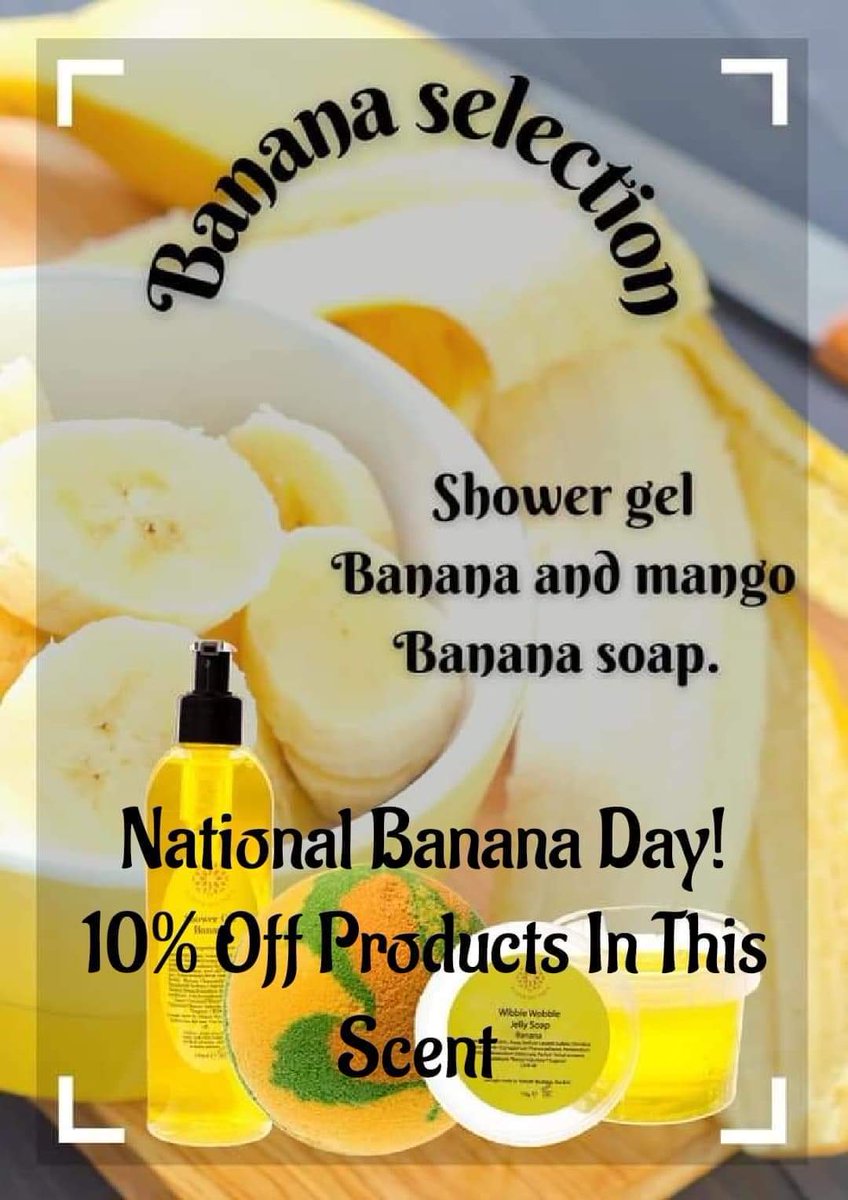 We still have our banana Deals available, but be quick it ends today. 10% off our banana 🍌 range 

*Banana shower gel
*Monkey farts bubble dough
*Banana jelly soap
*Banana and mango bubble bomb 

#banana #showergel #jellysoap  #bathbombsfordays #scent

Bathtimepampering.pamperboutique.co.uk