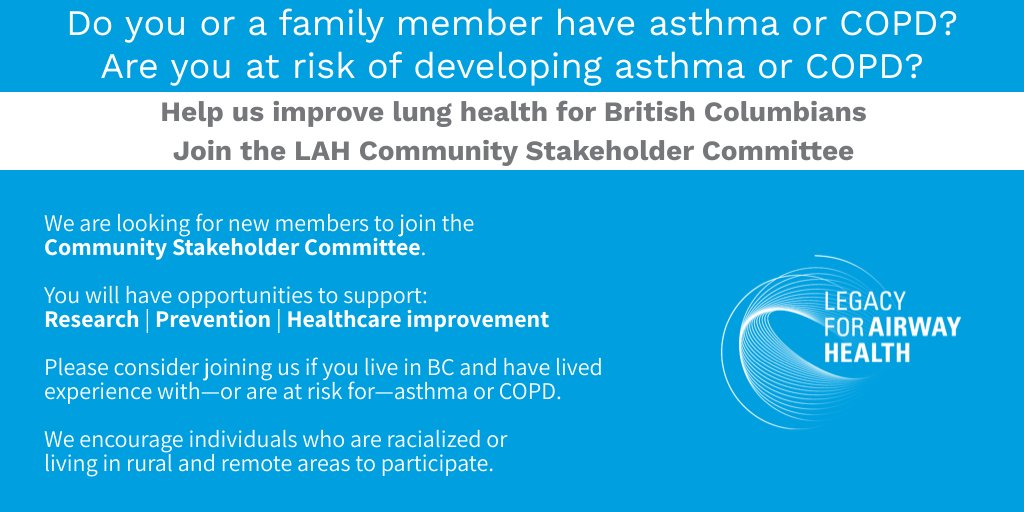 Are you, or have a family member, living with or at risk of COPD or asthma & interested in making a difference in research & care? Join our Community Stakeholder Cmtee @BCLungAssoc @Northern_Health @Interior_Health @VanIslandHealth legacyairwayhealth.ca/opportunities-…