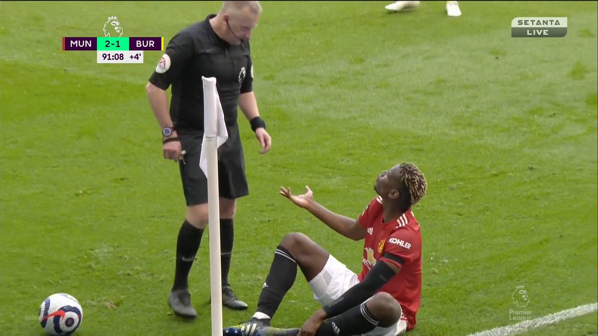Pogba gets kneed in the leg. What does Moss do? He spends more time telling Pogba to “stop taking the p***” because he tried a rainbow flick—legal albeit provocative—and then he ignores Pogba once Pogba questions him. He doesn't say anything about the cynical foul itself.