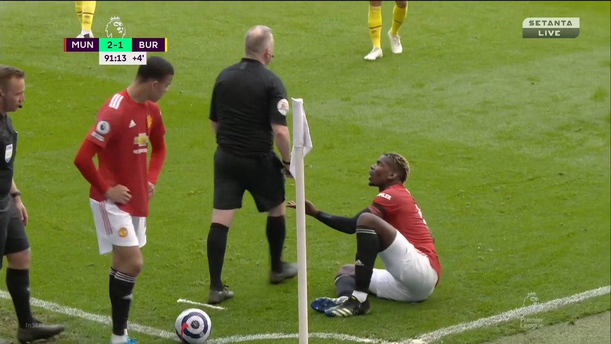 Pogba gets kneed in the leg. What does Moss do? He spends more time telling Pogba to “stop taking the p***” because he tried a rainbow flick—legal albeit provocative—and then he ignores Pogba once Pogba questions him. He doesn't say anything about the cynical foul itself.