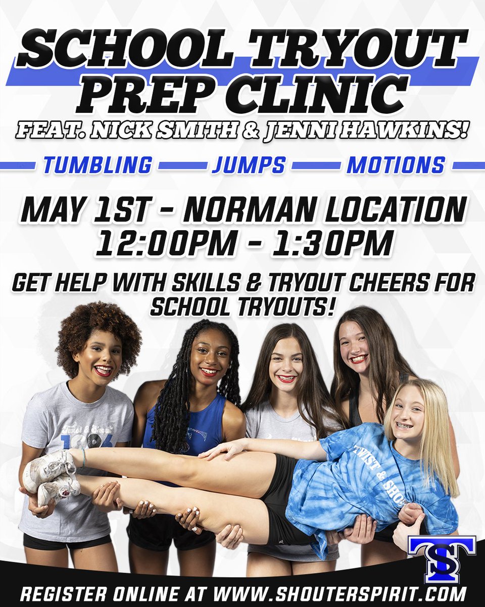 twistandshout1's tweet photo. School cheer tryouts are almost here! 💙🖤
Come out to our Norman location on May 1st to make sure you’re the most prepared! #BeAShouter
📍 Norman Location
🗓 May 1st, 2021
⏰ 12:00PM - 1:30PM
💵 $35 https://t.co/R2zSMubQ6q