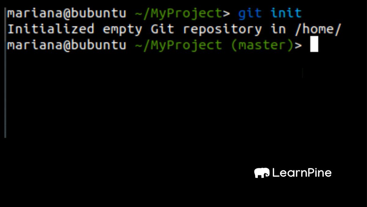 6. Now, to the fun part. Tell your computer to treat this as a git folder with the command:git initYou'll get a message that says "Initialized empty Git repository in <git-repository-path>"