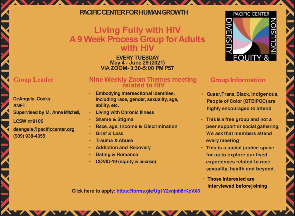 Living Fully with HIV is a peer group dedicated to serving adults with HIV.

Please click this form if you are interested in joining our peer group: buff.ly/3ng1JSe

If you have any questions please reach out to DeAngela here: deangela@pacificcenter.org

Thank you!