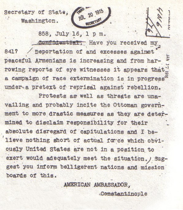 The information Morgenthau persisted in communicating back to America was stark and horrific:- “A campaign of race extermination is in progress”- “Armenians mostly women and children…have been massacred” 3/6