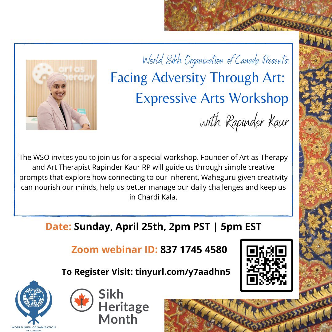 3 days to our #SikhHeritageMonth event: Facing Adversity Through Art with @artastherapy Rapinder Kaur. Explore and connect with your inner creativity in times of stress and uncertainty. Register: tinyurl.com/y7aadhn5 @sikhheritageON @sikhheritageBC @sikhheritage_ab