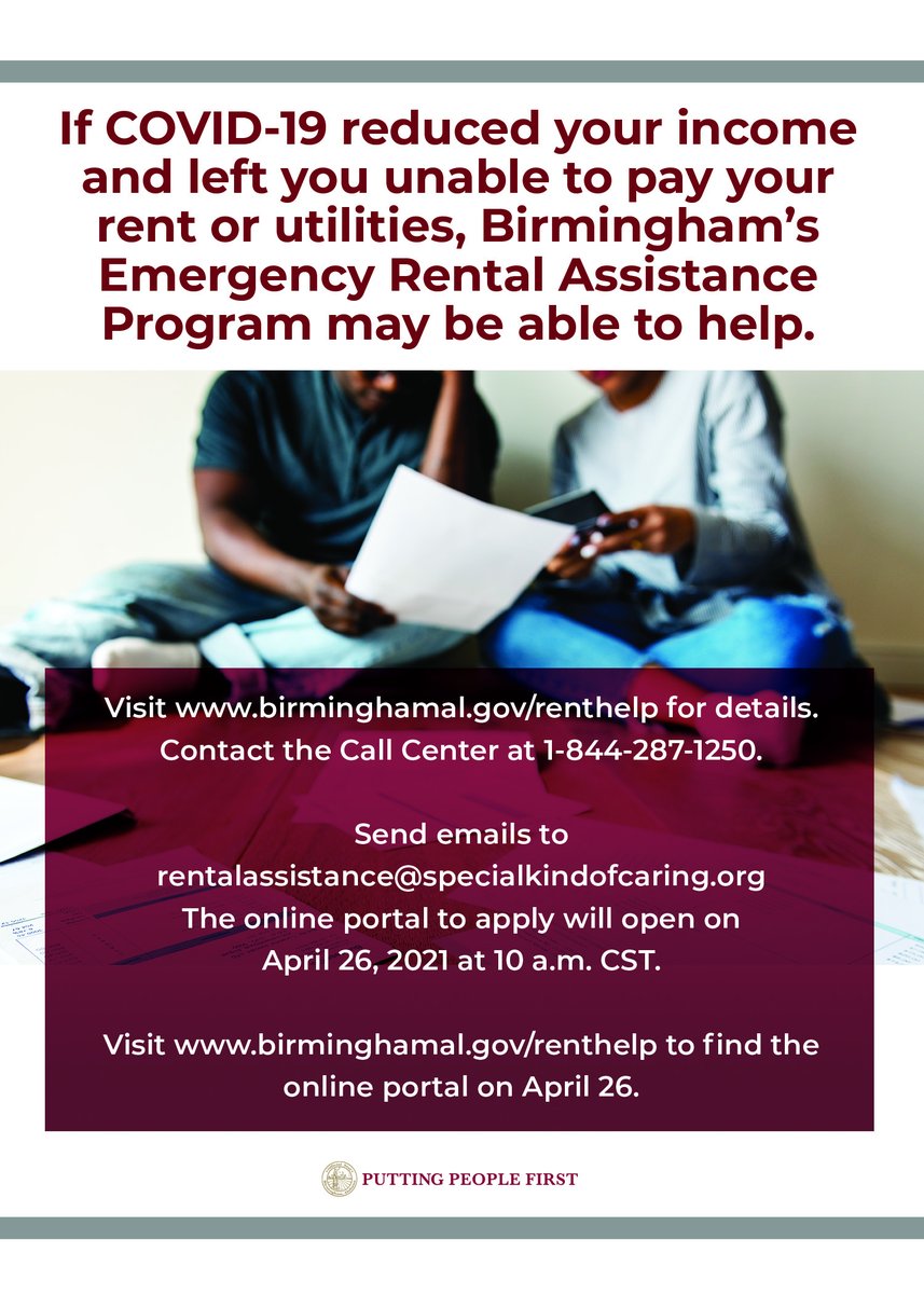 cityofbhamal's tweet photo. If COVID-19 reduced your income and left you unable to pay your rent or utilities while living in the city limits of Birmingham, Birmingham’s Emergency Rental Assistance Program may be able to help.

Visit https://t.co/MEJfFDvanR or call 1-844-287-1250. Applications open April 26 https://t.co/5K7iOqMi47