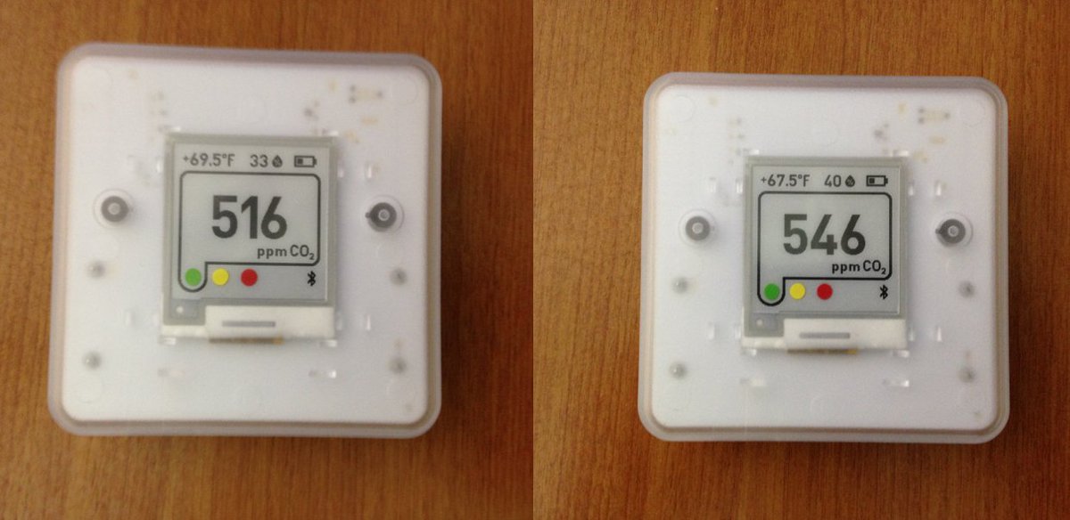 4/ I used an Aranet CO2 meter, which was tested & recommended by  @jljcolorado, a top aerosol expert. I flew from Ft. Wayne, IN (FWA), to Rochester, MN (RST) with a layover at Chicago. FWA was not busy, & the CO2 ranged from 516 to 546 ppm.