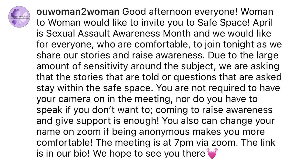 Good afternoon everyone! Please join us tonight for our Safe Space meeting. We will be meeting at 7pm via zoom (link in our bio).