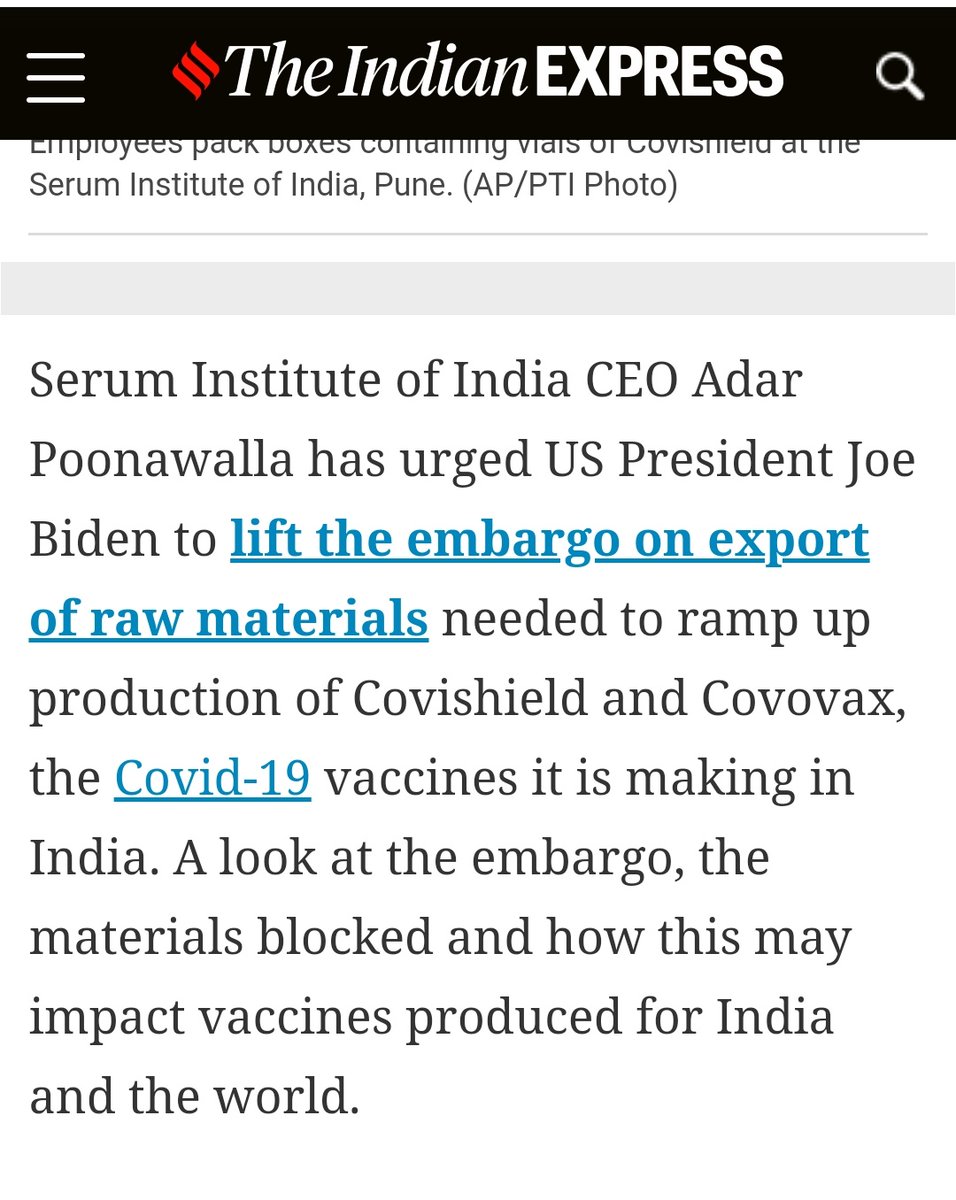 + As per Adar Poonawala's interviews, it seems they have managed to make alternate arrangements for Covishield and hence it won't impact its production much, however it is affecting stockpiling of Covovax (Novovax) which could be crucial to our vaccination come June/July.