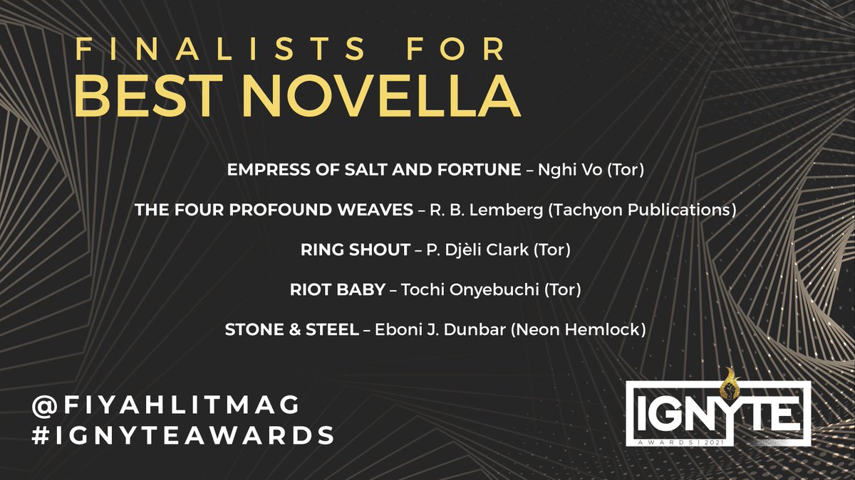  #IgnyteAwards The BEST NOVELLA category is for speculative works ranging from 17,500-39,999 wordsYour finalists are: