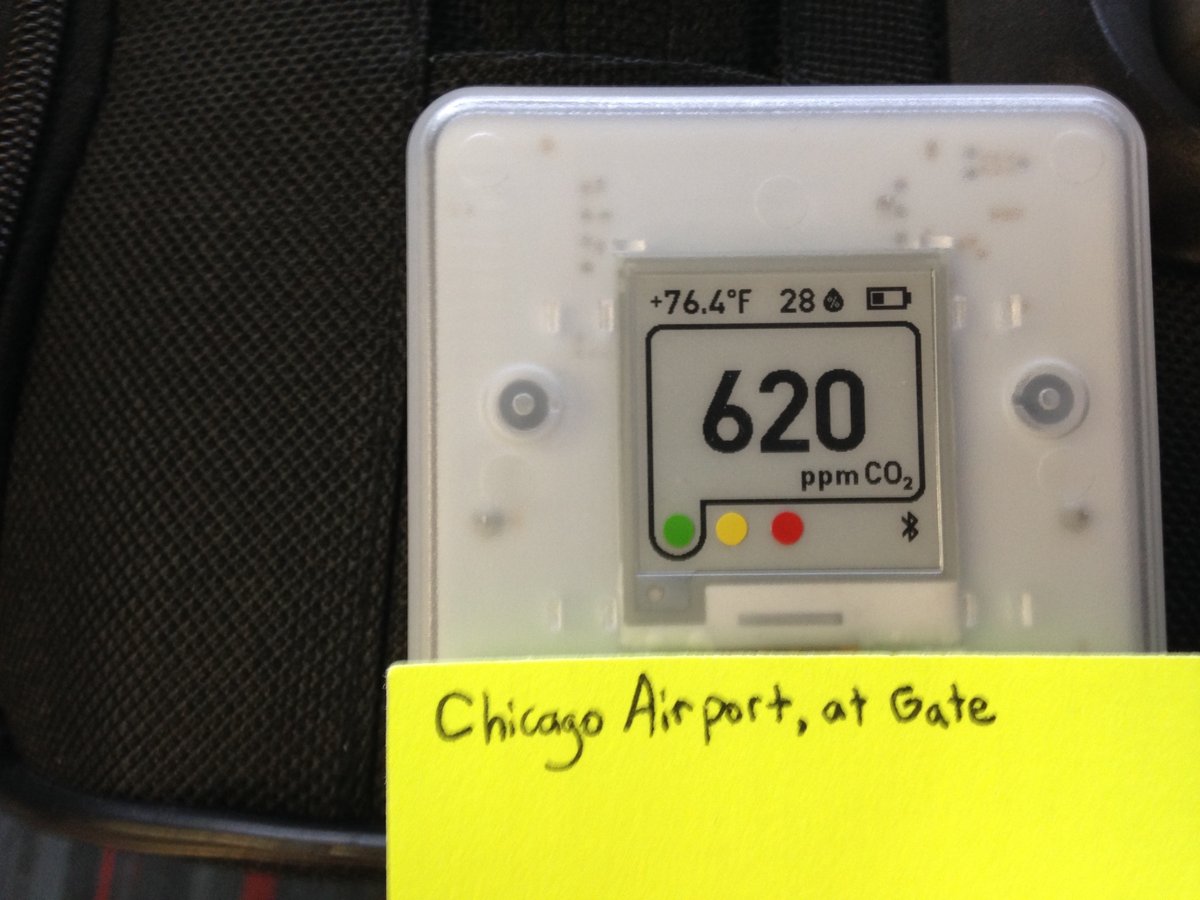 10/ Chicago’s O’Hare Airport appeared to have quite good ventilation. The CO2 level stayed in the low-600 range where I was. I did not venture into the crowded cafeteria area nearby, where I imagine the levels were significantly higher.