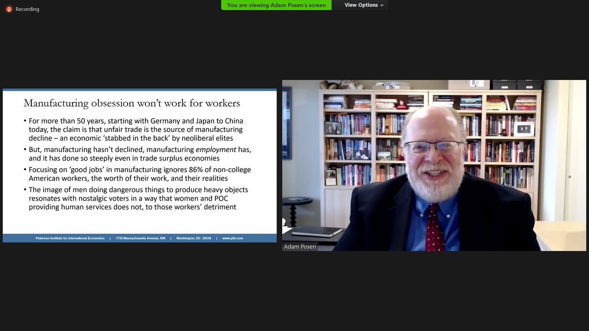 The image of men doing dangerous things to produce heavy stuff seems to resonate with nostalgic voters in a way that women providing human services does not,  @AdamPosen says. Watch:  https://www.piie.com/events/price-american-economic-nostalgia