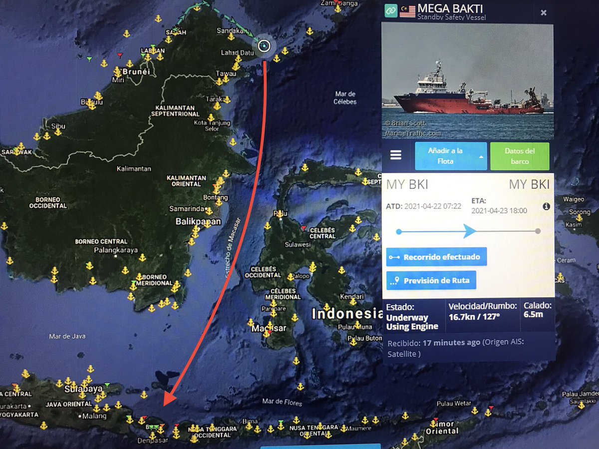 Se acercan buques con equipos de búsqueda y rescate ROV y sondas de barrido lateral, desde Malasia, el MV Mega Bakti a toda máquina 17kn aun a 26hs de navegación hasta las aguas al norte de Bali.Al momento hay manchas de aceite, no son oficiales, por lo que omito su difusión