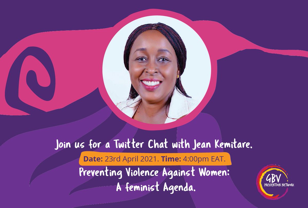 GBV Prevention Net (@gbvnet) on Twitter photo Join us tomorrow April 23rd at 4:00pm EAT/1:00pm GMT for a Twitter Chat with <a href="/JeanKemitare/">Jean Kemitare</a> on Preventing Violence Against Women: A Feminist Agenda
#PreventVAW #FeministAgenda Join us tomorrow April 23rd at 4:00pm EAT/1:00pm GMT for a Twitter Chat with <a href="/JeanKemitare/">Jean Kemitare</a> on Preventing Violence Against Women: A Feminist Agenda
#PreventVAW #FeministAgenda