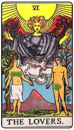 in Tarot, Gemini is represented by the Lovers Card which illustrates a partnership of a Woman & a Man in The Garden of Eden with archangel Raphael above who ordains this union.