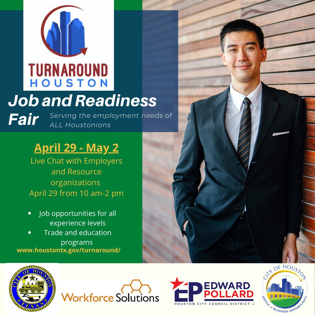 Have you signed up for Turnaround Houston Job and Readiness fair yet? With over 2,500 jobs counted so far, a number of job training programs and other valuable resource organizations, you don’t want to miss it! Visit  wrksolutions2.easyvirtualfair.com/prefair to register for this virtual event.