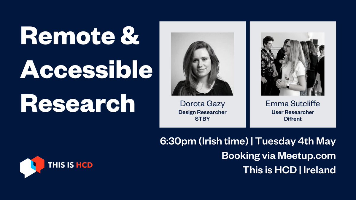 I'm so looking forward to this! Join @ThisisHCD ☘️, Dorota Gazy @STBY & @emmasutcliffexx @BeDifrent to explore principles, processes & tools we can use to make our #research approaches #inclusive & #accessible, whether in person or remotely Register now: meetup.com/thisishcd-irel…