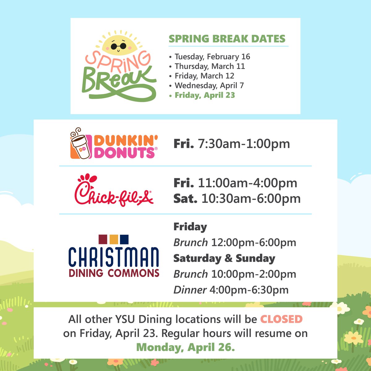 YSUDining's tweet photo. Penguins, tomorrow is the last of the Spring Break Days and the start of a three-day weekend! 🙌 We'll be having adjusted hours for Friday, April 23. #ysu #ysudining https://t.co/nugDSVFXUs
