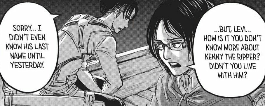 hanji knows that levi was raised by kenny. this implies that levi has told hanji about his childhood and that they probably do talk about personal things.