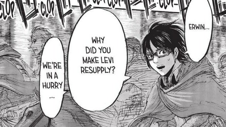 showing concern for the other's safety.hanji looks very concerned about levi after seeing that he was suddenly ordered to resupply his gas.