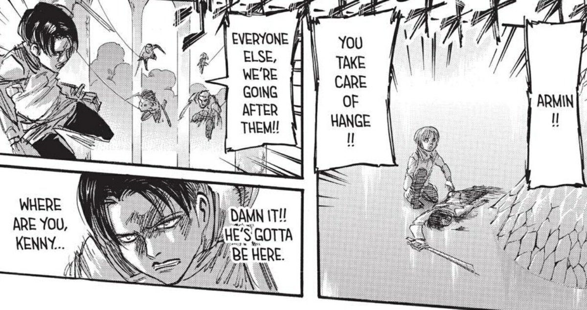 +since levi cannot easily abandon their mission, he leaves hanji in armin's care. in the anime before the cave completely collapses, he urgently orders moblit and armin to get hanji out of the cave.