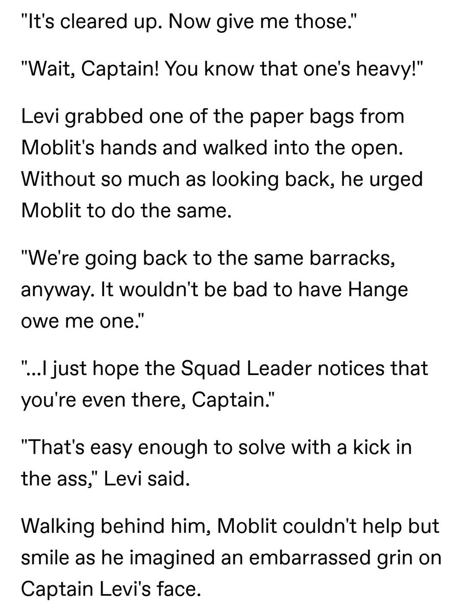 +levi suddenly deciding to meet hanji while excusing it as "so hanji would owe him one" and indirectly admitting he wants hanji to notice him.  https://snk-smartpass.tumblr.com/post/188099287305/shelter-from-the-rain-vol-01-levi-moblit-berner