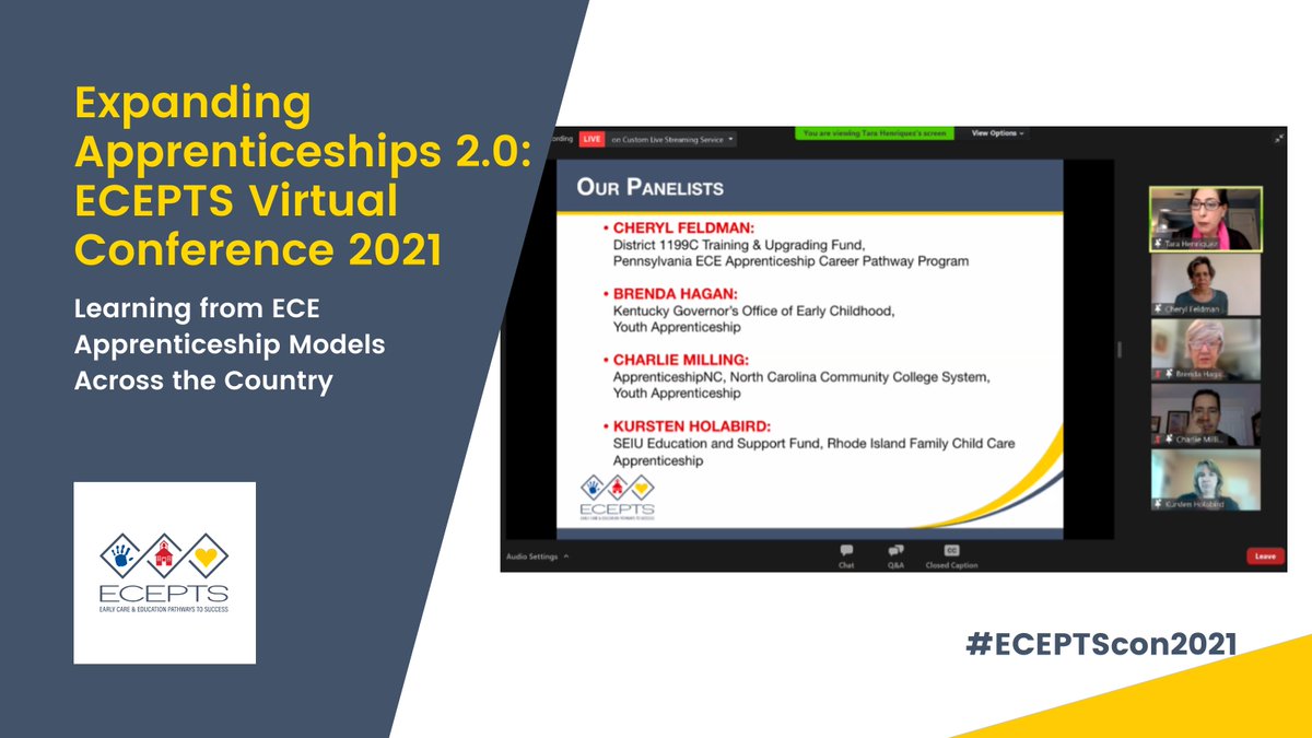 On now - "Learning from ECE Apprenticeship Models Across the Country" w/Tara Henriquez <a href="/ECEPTS/">Early Care & Education Pathways to Success</a>; Cheryl Feldman (retired) <a href="/1199CTraining/">1199C Training Fund</a>; Kursten Holabird, SEIU ESF/Rhode Island Family Child Care Apprenticeship; Brenda Hagan <a href="/KYGOEC/">KYGovEarlyChildhood</a>; Charlie Milling <a href="/ApprenticeNC/">ApprenticeshipNC</a> #ECEPTScon2021