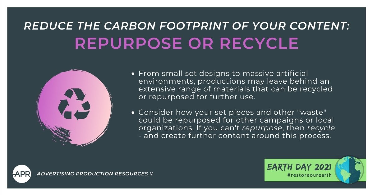 (Tip 4 of 5) Is the last set design you worked on sitting in a warehouse or rotting in a landfill?

Consider how the byproducts of content creation (like set designs, wardrobes, etc.) may be repurposed or recycled for further use.

#earthday #restoreourearth #sustainability