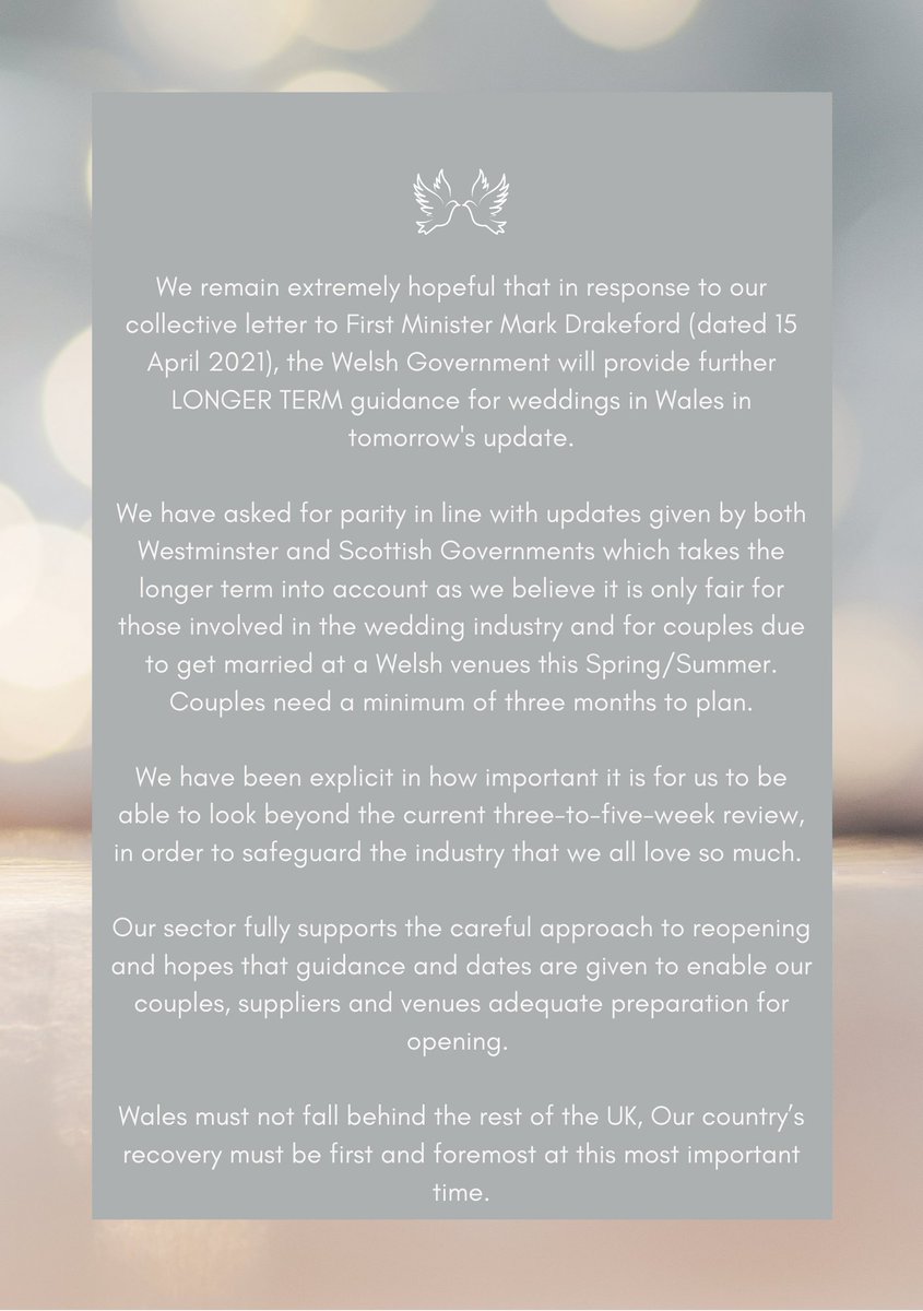 𝐀 𝐬𝐭𝐚𝐭𝐞𝐦𝐞𝐧𝐭 𝐨𝐧 𝐛𝐞𝐡𝐚𝐥𝐟 𝐨𝐟 𝐖𝐞𝐥𝐬𝐡 𝐰𝐞𝐝𝐝𝐢𝐧𝐠 𝐯𝐞𝐧𝐮𝐞𝐬 𝐚𝐧𝐝 𝐰𝐞𝐝𝐝𝐢𝐧𝐠 𝐢𝐧𝐝𝐮𝐬𝐭𝐫𝐢𝐞𝐬

Please show your support by liking and sharing this statement ❤️ 

#whataboutweddings #welshweddings #wales #cymru #welshnews #weddingnews #weddings