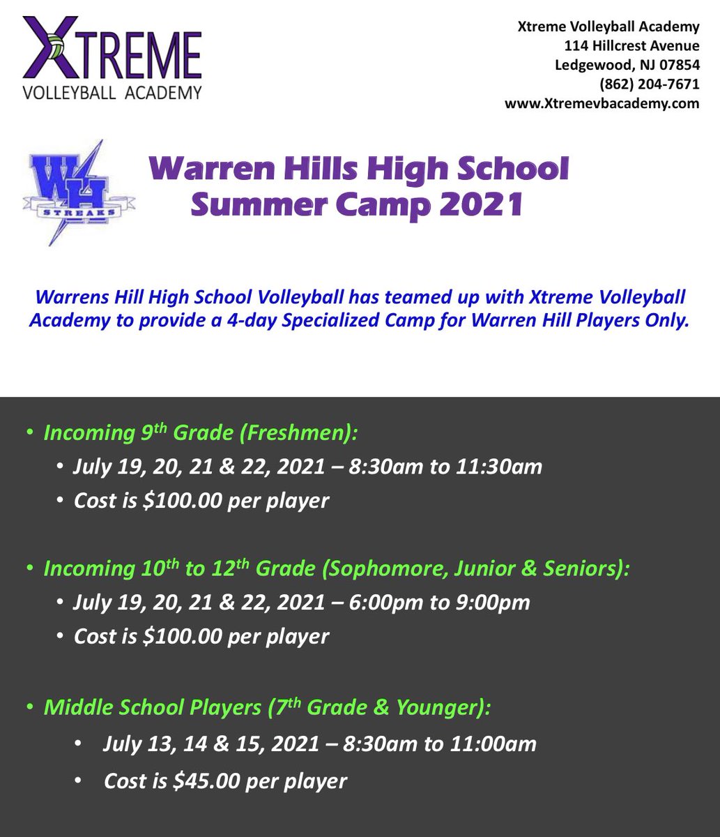 SPECIAL IMPORTANT ANNOUNCEMENT!!!!!

We have teamed up with <a href="/xtremevbacademy/">Xtreme Volleyball</a> to offer a specialized camp for only Warren Hills students this summer!!🤍💙🏐this is not a requirement; just an opportunity

Please message me privately for registration instructions!

<a href="/WHRSDAthletics/">WHRSD Athletics</a>