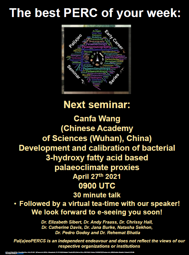 PalaeoPERCS's tweet image. Geochemists get excited for next week:

We will be joined by Canfa Wang (Chinese Academy of Sciences, Wuhan), who will present a talk entitled "Development and calibration of bacterial 3-hydroxy fatty acid based palaeoclimate proxies"!

The seminar is also at 0900 UTC!

(1/n)