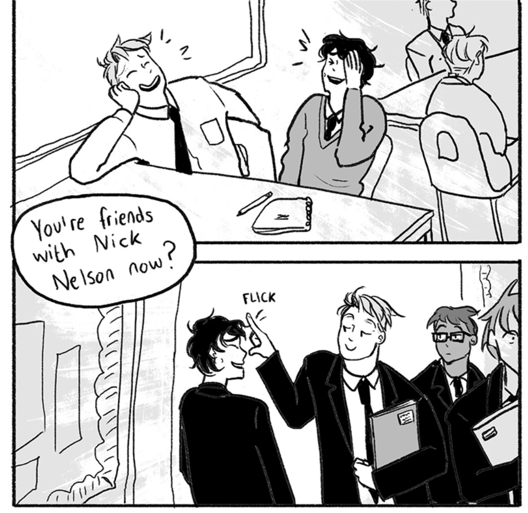 the expressions of nick's friends in the second panel..