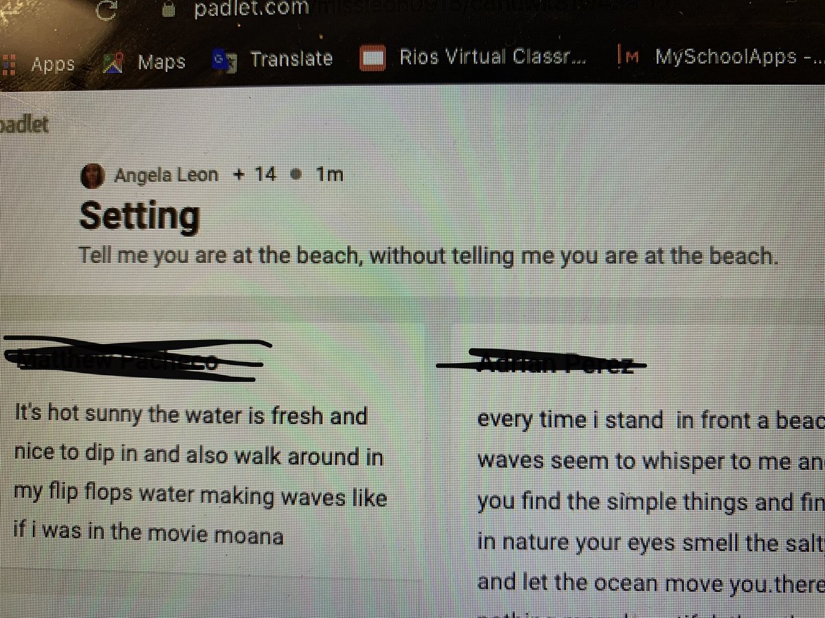 arios_HMS's tweet photo. Thank you #tiktok for inspiring my lesson opener on setting and inferences. Students responded to a #padlet prompt telling me they were at the beach without telling me they were at the beach. Check out these responses! 🌊🏄🏻😮👏🏼 #blownaway #CavPride #DrivenForward @vestrada_HMS https://t.co/YmWLfiAMoC