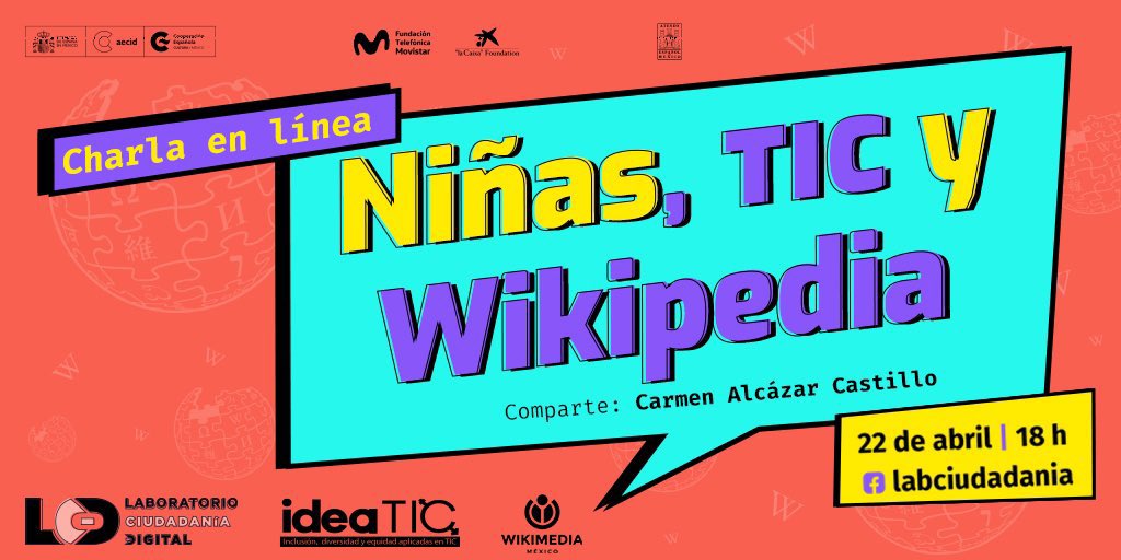➡️Esta charla sobre Niñas, TICs  y Wikipedia con <a href="/metik/">Carmen Alcázar 🇵🇸</a>, presidenta de Wikimedia México.

Vía <a href="/lab_ciudadania/">Laboratorio de Ciudadanía Digital</a>

🗓️HOY a las 6:00 PM (MX) ⏰