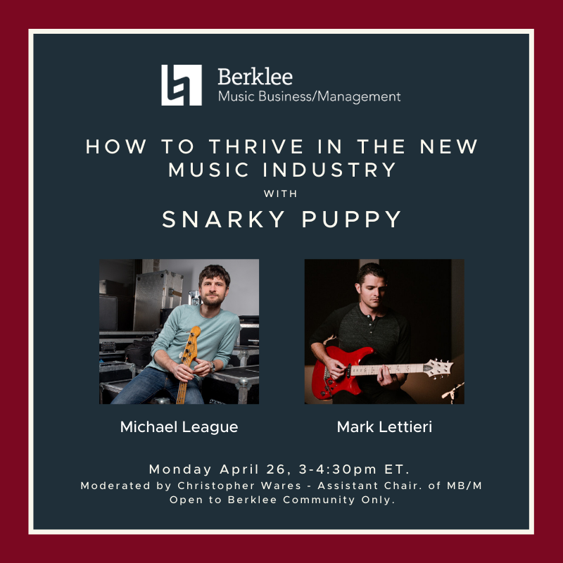 Join us for a conversation on Monday, Apr. 26th at 3PM ET, with Michael League and Mark Lettieri from the Grammy Award-winning ensemble #snarkypuppy. Learn from their experience on how to thrive in the new music industry! Link in Bio!  #musicbusiness #musicindustry #berklee