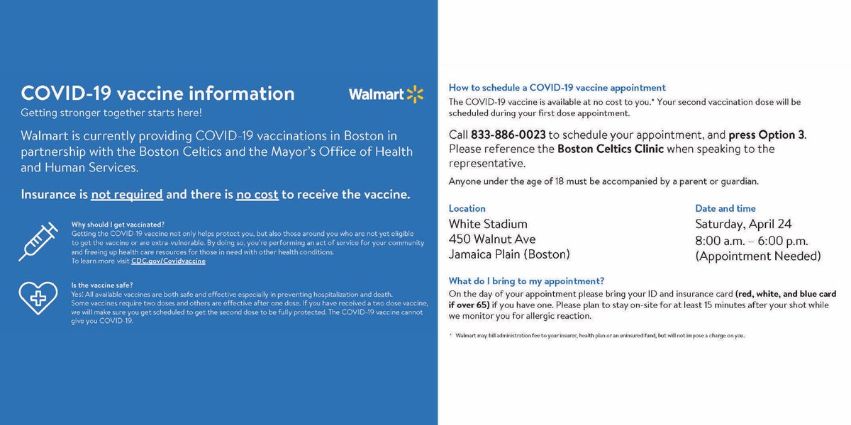 HealthyBoston's tweet photo. Want to get the #COVID19 vaccine? Join @Walmart @Celtics and @CityofBoston for a clinic this Saturday, April 24th at White Stadium in Jamaica Plain from 8am-6pm. It is free. You just need to make an appointment. Call to make yours: 1-833-886-0023, Option 3. @hhsbos https://t.co/l4PlLH3Rbf
