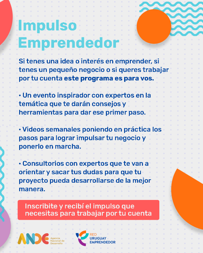 📢Están abiertas las inscripciones para #ImpulsoEmprendedor Actividad dirigida a personas con interés, curiosidad o una idea para emprender, y que  se estén iniciando en el mundo emprendedor 💡💡💡
🗓️27 de abril
Inscripciones gratuitas
Organiza: <a href="/ANDEUruguay/">ANDE</a> y <a href="/UyEmprendedor/">UruguayEmprendedor</a>