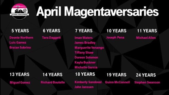 Check out some of our most tenured team members celebrating their <a href="/tmobile/">T-Mobile</a> magentaversaries this month... including <a href="/swansonsteve970/">Steve Swanson</a> who recently celebrated 24 YEARS with us! 🥳 #HeresTo24More