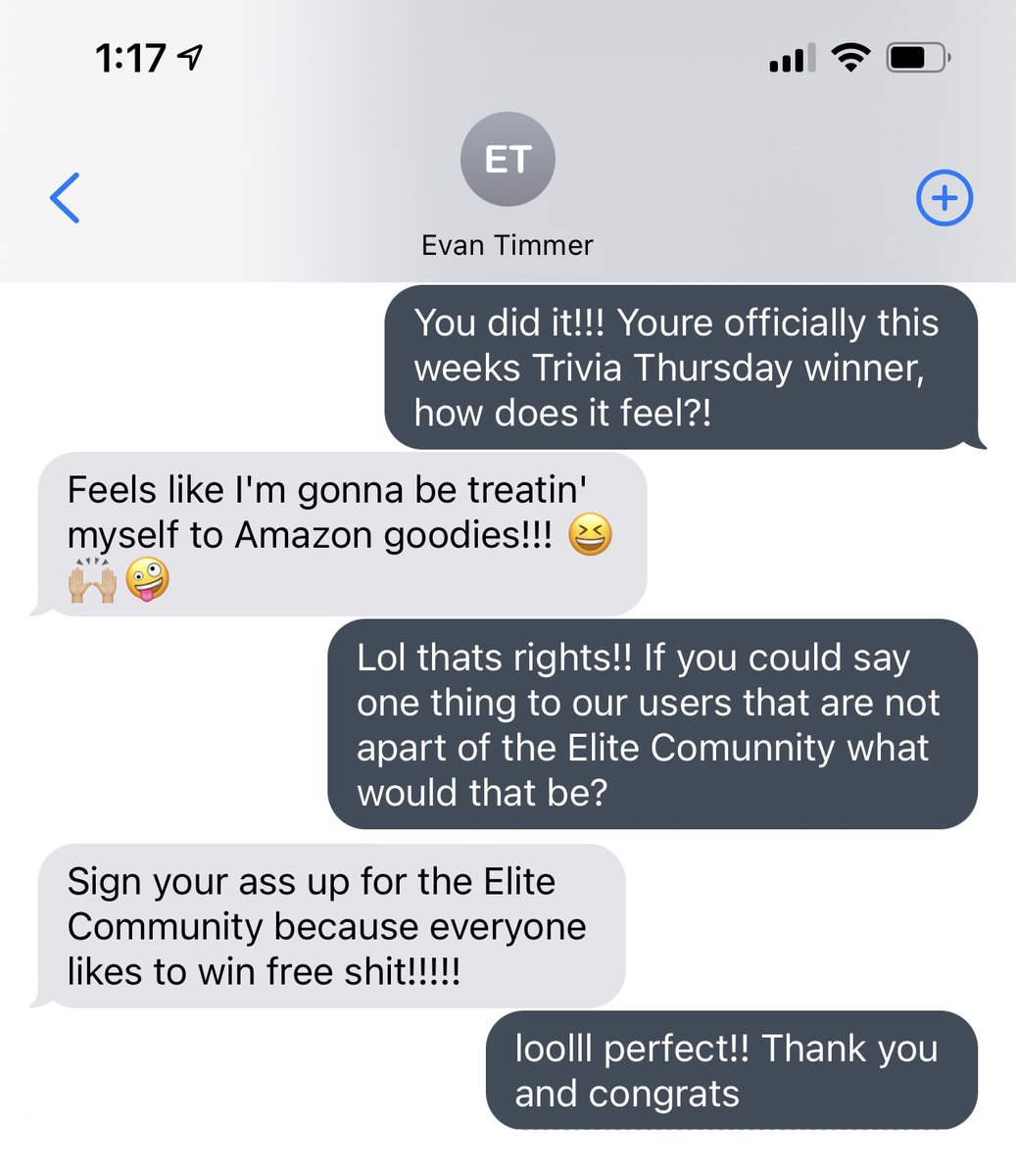 Another successful Trivia Thursday in the books for our Elite Community! Congrats to Evan!!

You know you join this Elite group, all you have to do is text (512) 858-8170 to sign up...don’t worry, it’s 100% FREE to join! (Link in bio too)

#Partakelive #sportstrivia #trivia