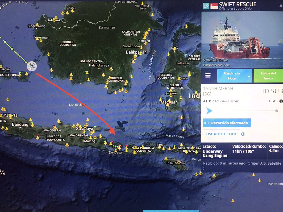 Tambien desde Singapur, el MV Swift Rescue con importante material batimétrico va rumbo mar de Bali, al norte de la isla homónima a 11kn, donde la plataforma, si bien es profunda 600/750m, no tiene las quebradas y cañadones de hasta 1300m mas los 1000m debajo del mar argentino