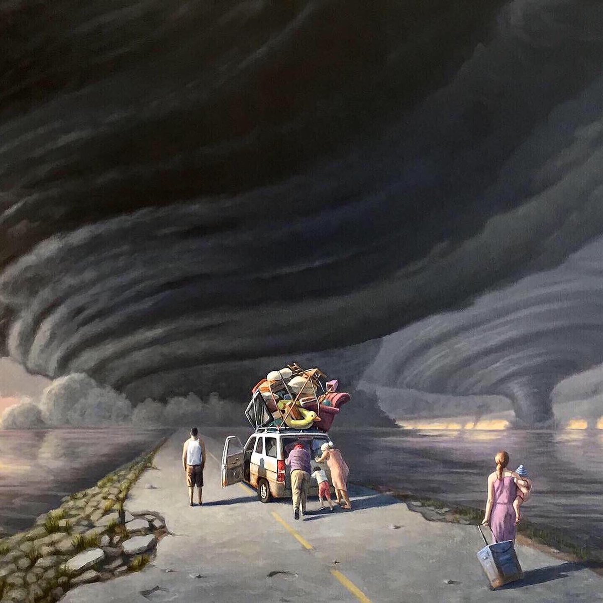 ArtofMarkBryan's tweet photo. “The Causeway” For far too long we’ve been going down the road to  environmental destruction. It’s time to appreciate our beautiful planet and take action to restore its natural systems. #EarthDay2021 #ClimateAction #hurricane #politicalart #tornado https://t.co/A9R3x5sbE3