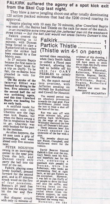 KM7Stand's tweet photo. 5- 22nd Aug 1990

Falkirk exit the league cup after a penalty shootout with the match tied at 1-1.

Peter Houston scored with a corner while Crawford Baptie was shown red for swinging a punch at Chic Charnley.

(Elsewhere: Die Hard 2 was released in cinemas that week) https://t.co/dU5Ztx4Kze