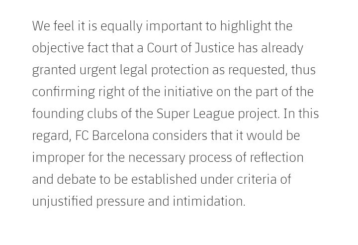 glmdj's tweet photo. Intanto il @FCBarcelona non le mana a dire a #Ceferin: «È un fatto oggettivo che Corte di giustizia ha già confermato il diritto di iniziativa da parte dei club fondatori del progetto #SuperLeague. #Improprio un dibattito sulla base di pressioni e #intimidazioni ingiustificate» https://t.co/quYGcEaUDv
