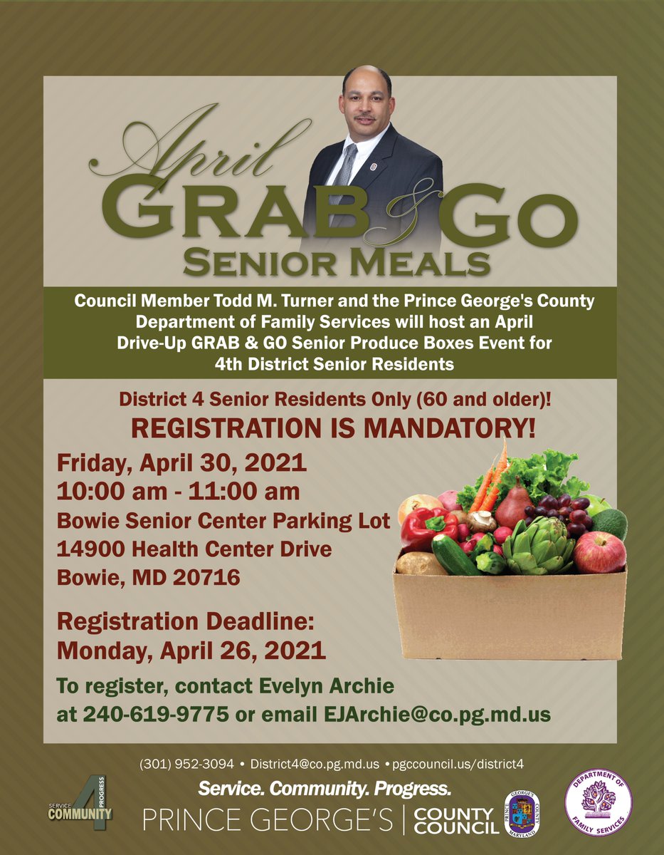 PGCCouncilMedia's tweet image. CM Todd Turner, D4, and the Prince George’s County Department of Family Services will host an April Drive-Up Grab &amp;amp; Go Senior Meals Event – Friday, April 30 from 10:00 a.m. – 11:00 a.m., Bowie Senior Center Parking Lot, 14900 Health Center Dr., Bowie. See flyer for details…