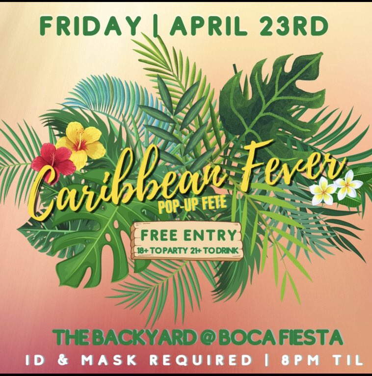 UFCaribsa_'s tweet photo. ATTENTION UF 🗣❗️Are yuh ready to fete⁉️ Mask yuh face and come whine yuh waist at the Backyard downtown !  ✅😎 CaribSA presents.... CARIBBEAN FEVER Pop - Up Fete with FREE ENTRY 🌴❗️Unu cyah miss dis❗️🙅🏾‍♀️ ‼️ 🎉 🕺🏽 
#CatchAWineOrDrinkSome #ToDrinkOrNotToDrink #SoberlessEdition https://t.co/Fn1ei13xXW