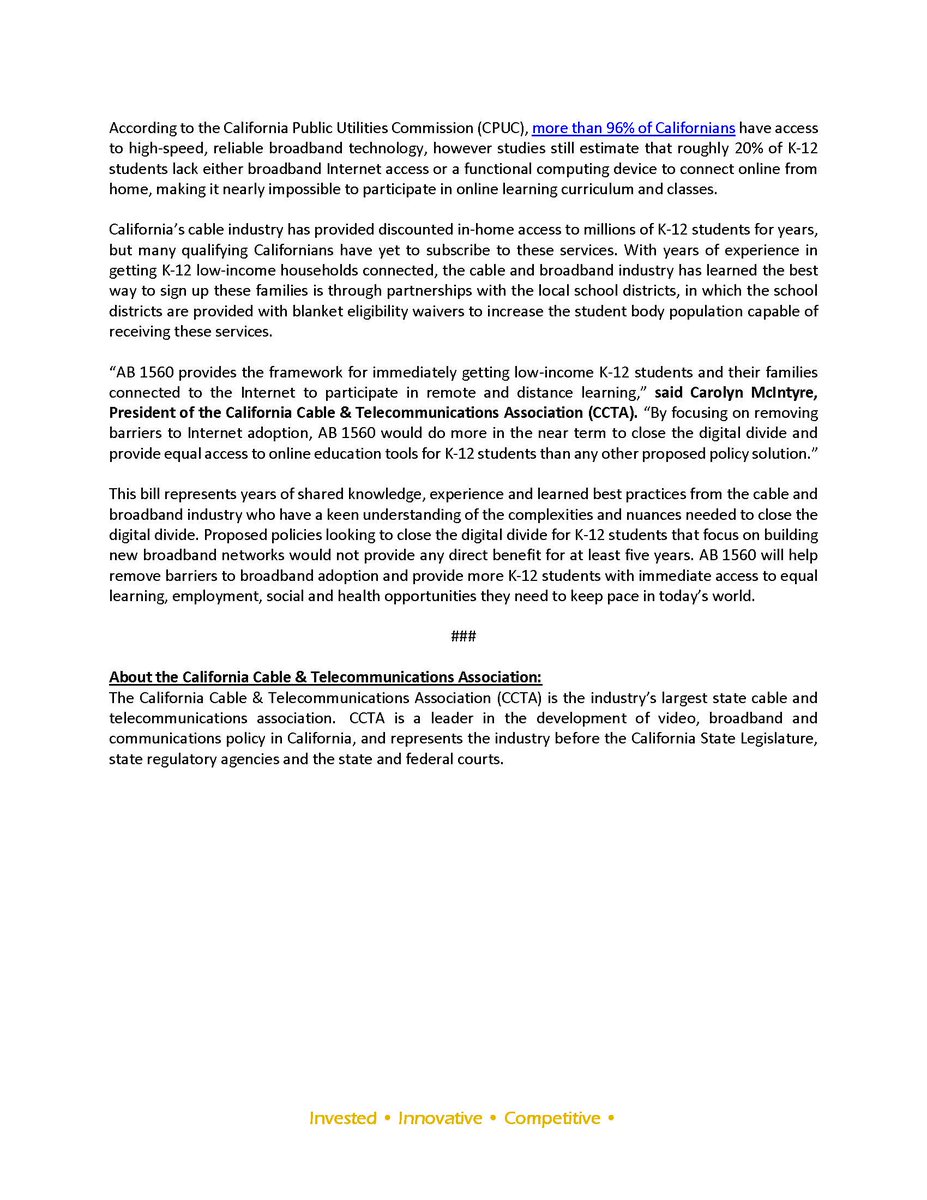 #AB1560 Passes Assembly Privacy &amp; Consumer Protection Committee #AB1560 will provide students access to free or low-cost Internet service for distance learning and @CalCableCCTA <a href="/GavinNewsom/">Gavin Newsom</a> <a href="/SpeakerRendon/">Asm Committee</a>