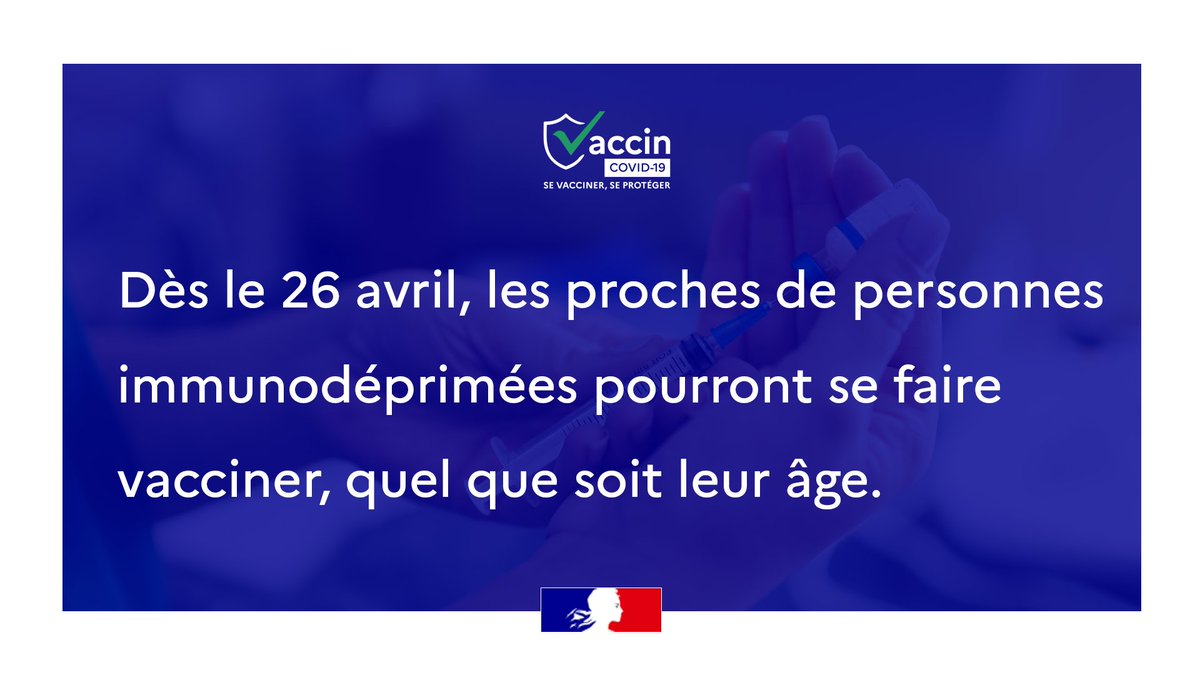 Ministère de la Santé et de l'Accès aux soins (@sante_gouv) on Twitter photo #COVID19 #Vaccination | Dès lundi prochain, les proches de personnes immunodéprimées pourront se faire vacciner, quel que soit leur âge, pour continuer de protéger leurs proches vulnérables face au virus. #COVID19 #Vaccination | Dès lundi prochain, les proches de personnes immunodéprimées pourront se faire vacciner, quel que soit leur âge, pour continuer de protéger leurs proches vulnérables face au virus.