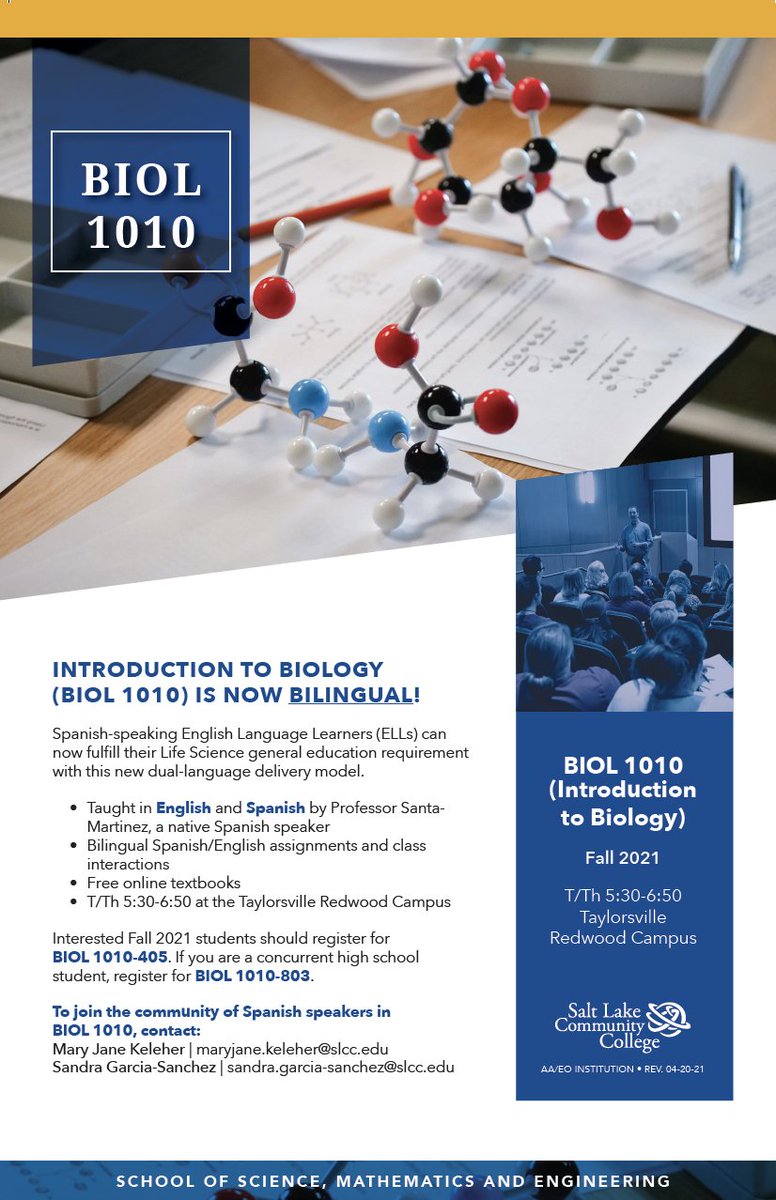 SaltLakeCC's tweet image. ¡Biología 1010 ya está dado de manera bilingue! Estudiantes de ingles como segunda lengua, cuya lengua materna es el español, pueden cumplir el requisito general education Life Science a traves de este nuevo curso. 👇