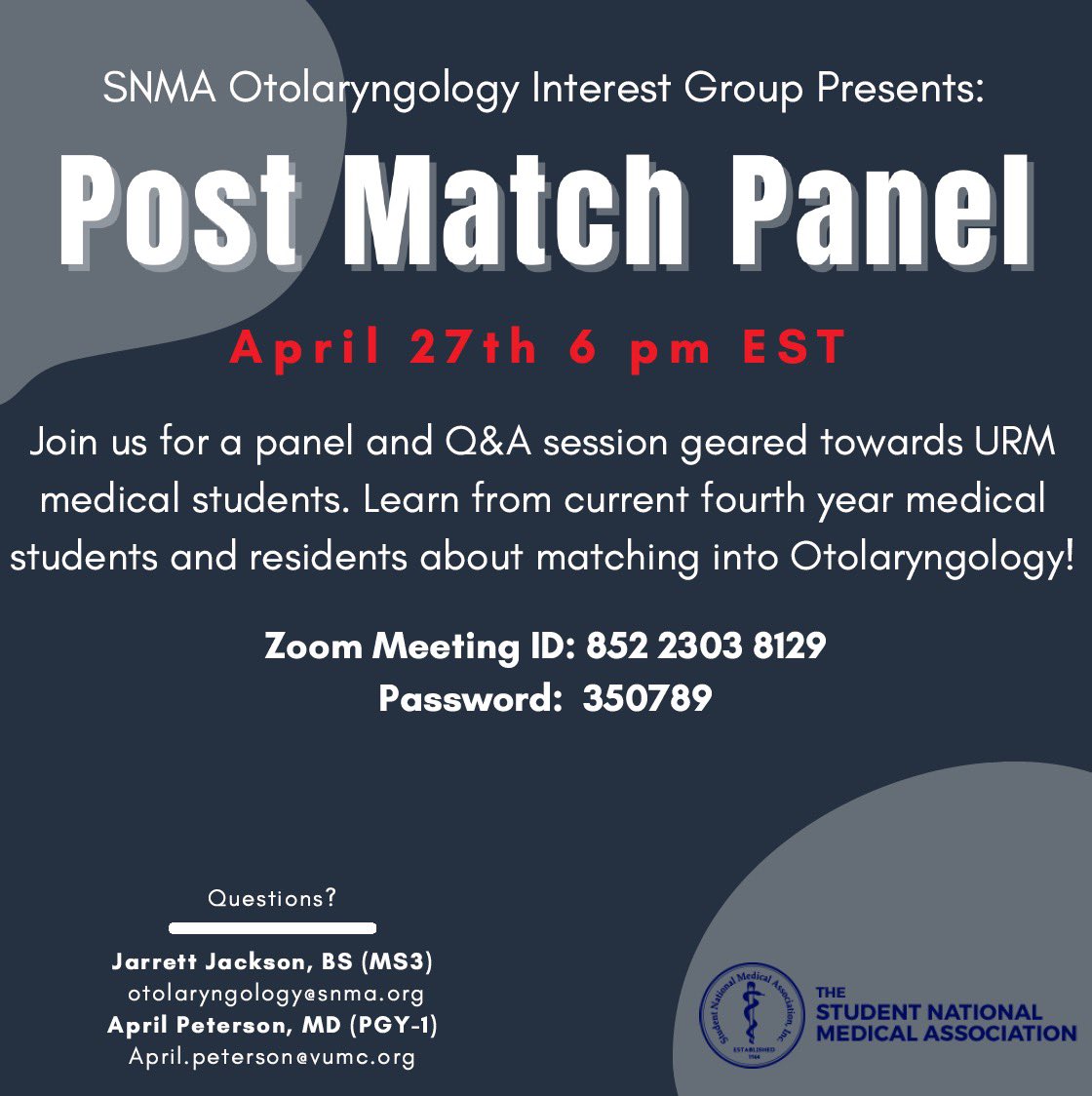 Excited to be hosting this Otolaryngology Post-Match panel on behalf of @SNMA this upcoming Tuesday at 6pm ET! We’ve got a great line-up prepared. 

Please share with all URMs interested in ENT  #MedTwitter #OtoTwitter #ENT