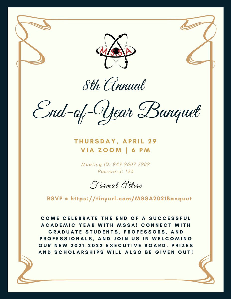 ugaMSSA's tweet image. Join MSSA for our 8th annual End-of-Year Banquet on THURSDAY, APRIL 29 at 6 PM! Come celebrate the end of the 2020-2021 school year and meet/network with graduate students, professionals, and professors!
